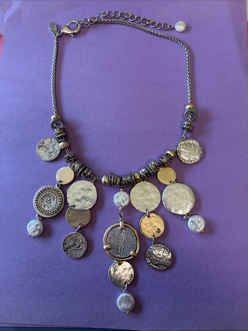 Chico's Mixed Metal Coin & Pearl Drop Bib Necklace - Gold & Silver